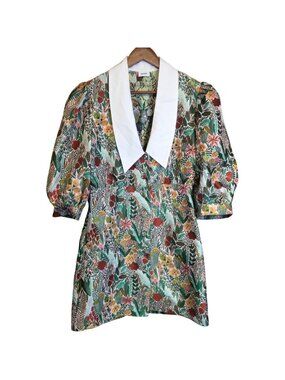 Floral Jacquard Puff Sleeve Mini Dress White Oversized Collar Retro Mod Size M